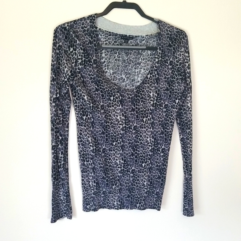 Express V Neck Sweater Animal Print Black Gray Blue Small